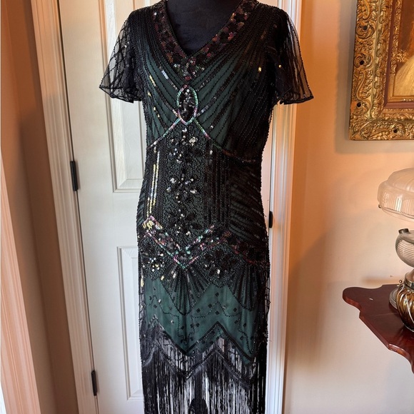 Fundaisy Black and Green Beaded Midi Dress - Picture 1 of 11